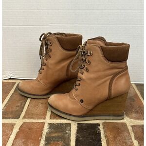 MISS SIXTY Tan Leather Wedge Heel Ankle Boots Lace Up High Heel Women's 7.5